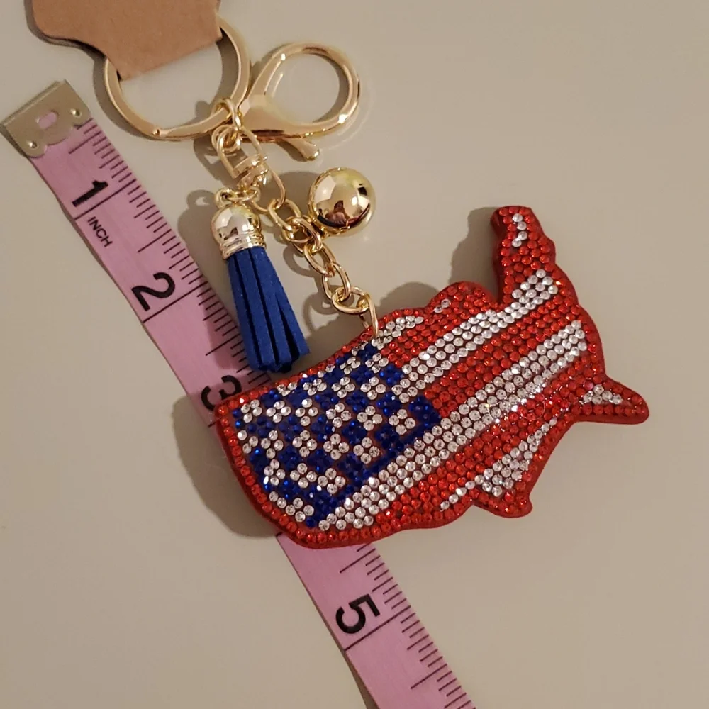 USA shaped American flag•rhinestones ball and tassel•goldtone•NWT
